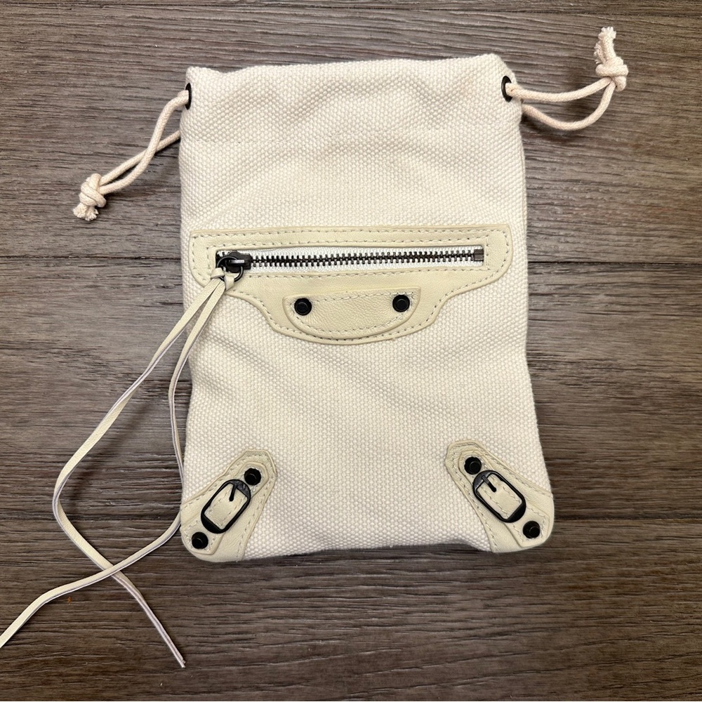 Balenciaga Canvas Drawstring Pouch with Leather Trim & Front Zipper Pocket
